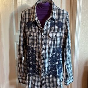 Miss Me Blue Plaid Button-Down Shirt with Floral Embroidery